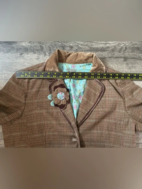 J Jill Blazer Jacket 12 Houndstooth Wool Blend Velvet Trim Boho Flower Child Y2K - Picture 11 of 15